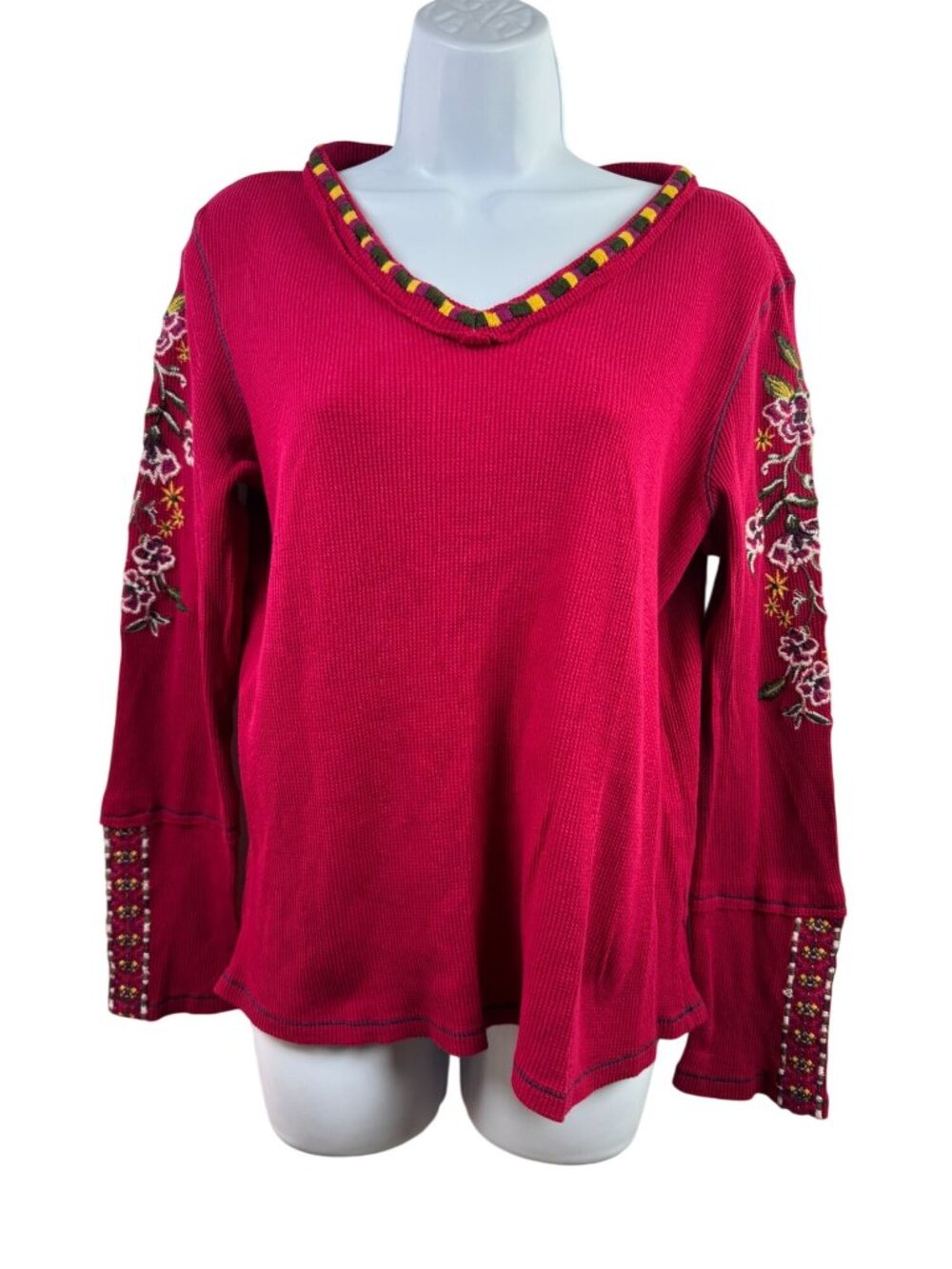 Sundance Embroidered Floral Thermal Waffle Knit Top Long Sleeve Large Pink Red